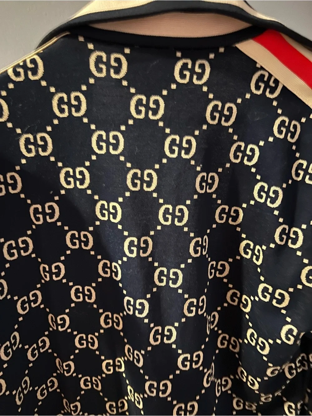Gucci Navy GG Monogram Bomber Jacket with Red & White Stripes